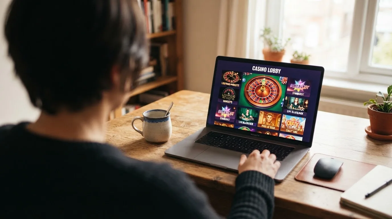 Person am Laptop liest eine Übersichtsseite zu Glücksspielen im Internet — online casino mit autoplay