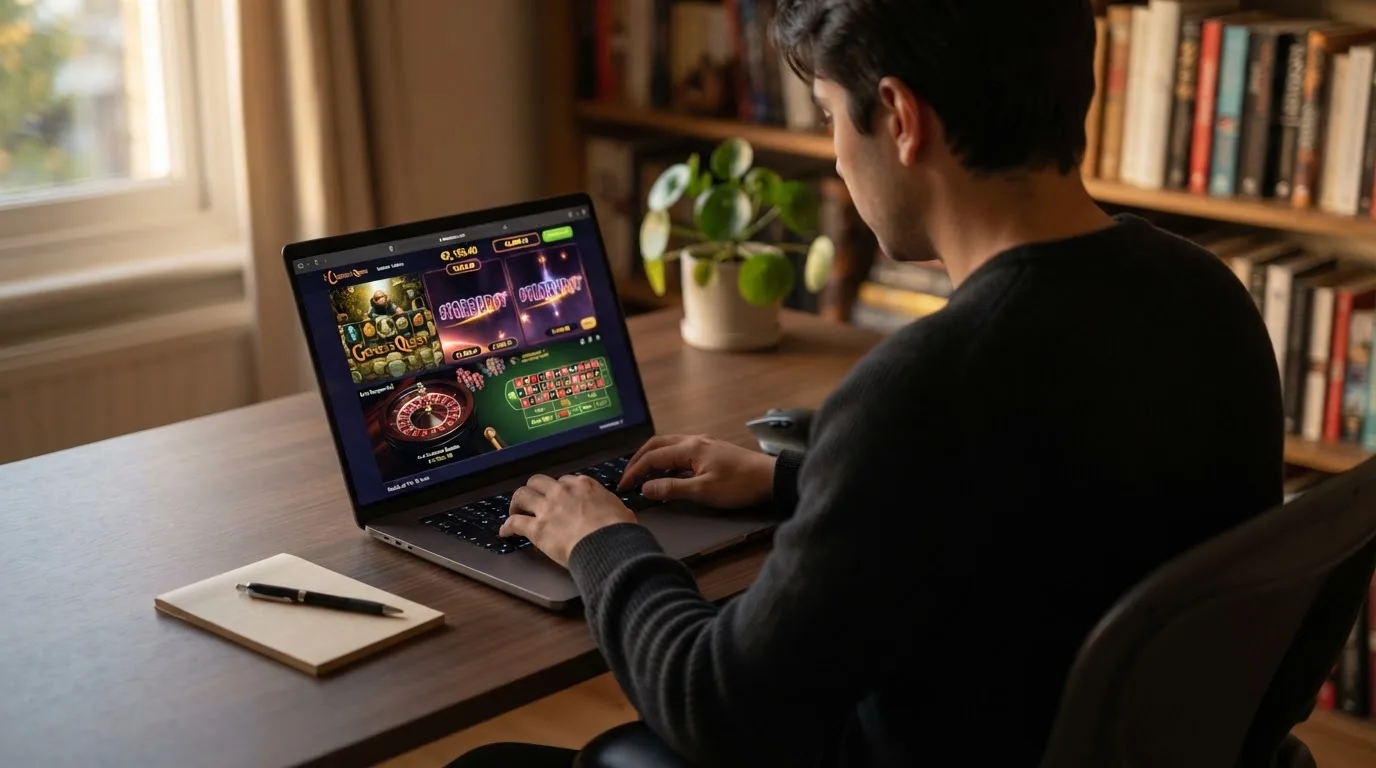 Person am Laptop liest eine Übersichtsseite zu Glücksspielen im Internet — online casino ohne auszahlungslimit