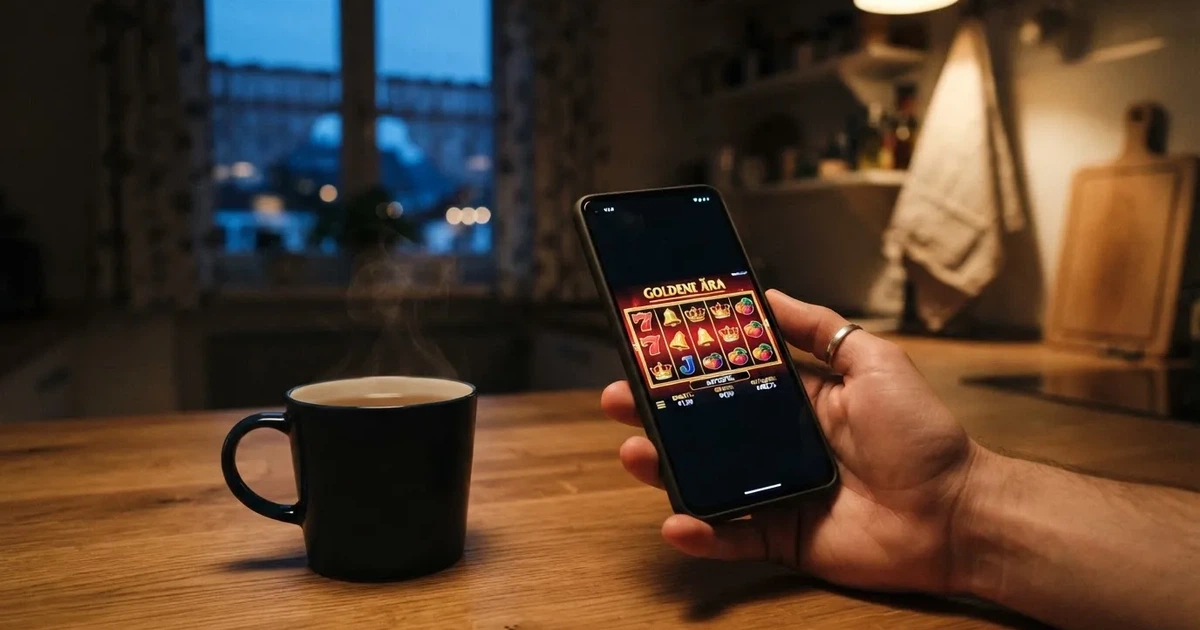 Hand hält ein Smartphone, daneben eine Tasse Tee, ruhige Abendstimmung am Küchentisch — online casino ohne auszahlungslimit
