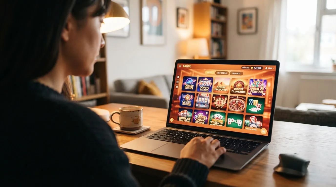 Person am Laptop liest eine Übersichtsseite zu Glücksspielen im Internet — online casino schnelle auszahlung