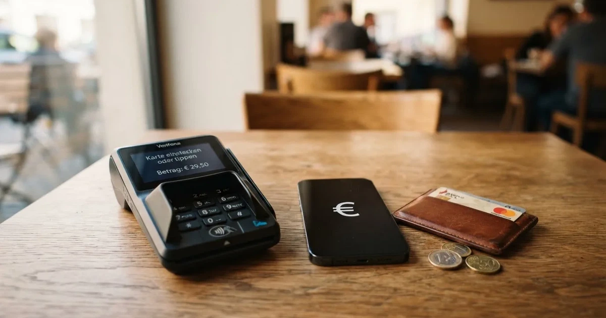 Kartenterminal und Smartphone auf einem Holztisch neben einer Geldbörse — online casino schnelle auszahlung